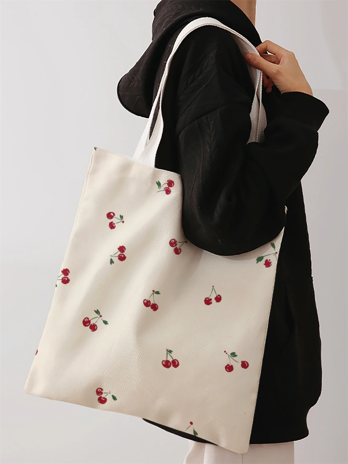 Cherry pattern printed casual handbag, reusable fashionable backpack, multifunctional handbag, canvas shopping bag