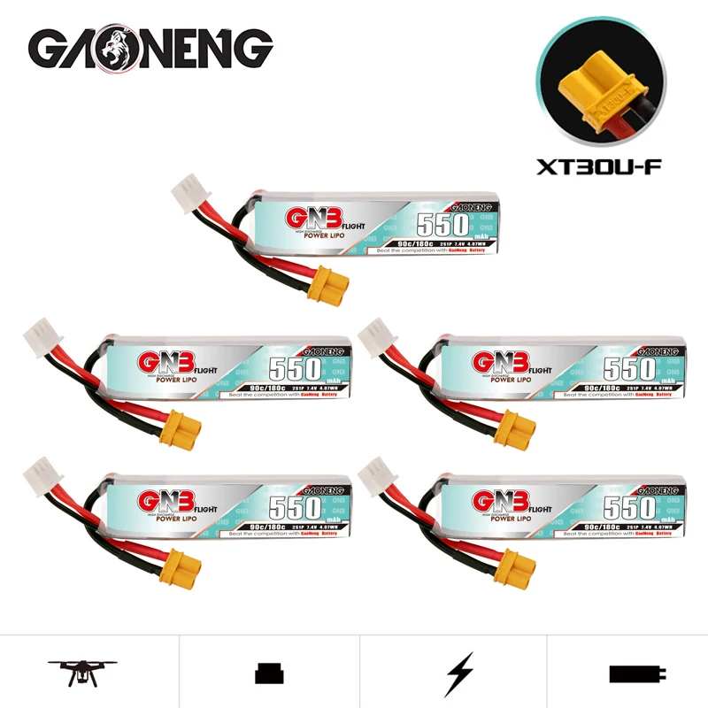 GNB 2S 7.4V 550mah 90C/180C HV LiPo Battery XT30U-F Plug for TINY8X Blade Inductrix FPV QX2 120S Beta75S Beta FPV Drone 5PCS Rc Drone Battery