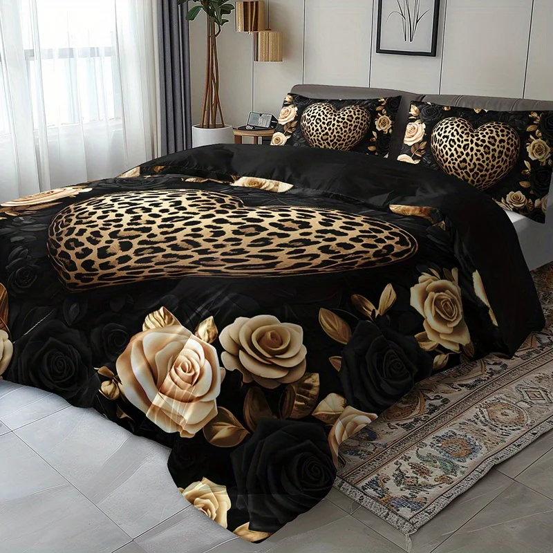 2/3Pcs Leopard Print Heart Rose Duvet Cover Set, HD Luxury Vintage Style Bedding with Pillowcases, All Season Home Dorm Decor