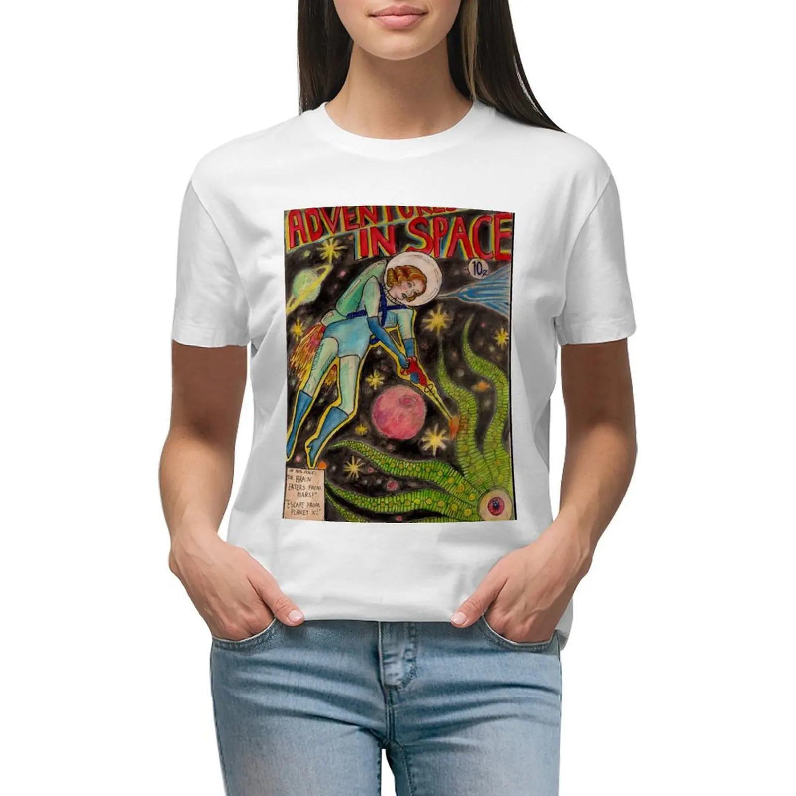 

Vintage Science Fiction art 1950s Adventures in Space T-shirt Short sleeve tee anime clothes black t shirts for Women