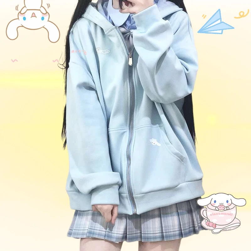 

New Cartoon Cinnamoroll Hoodie Coat Kawaii Sanrio Anime Cute Y2K Warm Printed Winter Loose Zipper Top Toy JK Girls Gifts