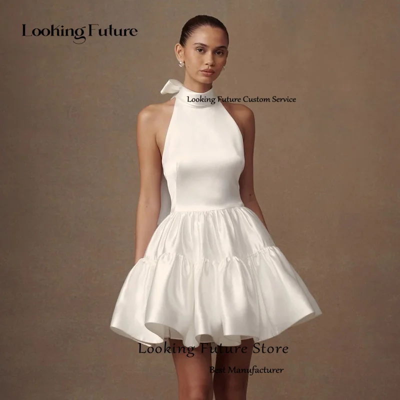 Simple Ivory Satin Mini Wedding Dress Sleeveless Pleat Halter Ball Gown Sexy Backless with Lace Up Short Bride Dress Customized 13 Se98ba1a272394d8889bad36f3519a7414