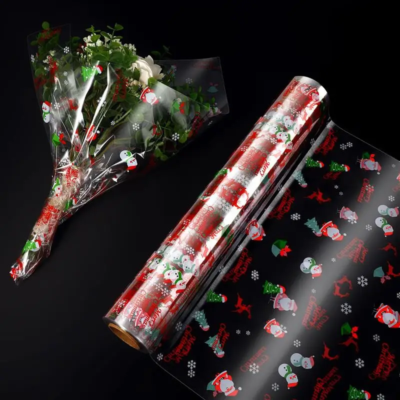 STOBOK Transparent Cellophane Paper Xmas Santa Claus Pattern Packaging Cellophane Gift Box Flower Packagings (3000x80cm)