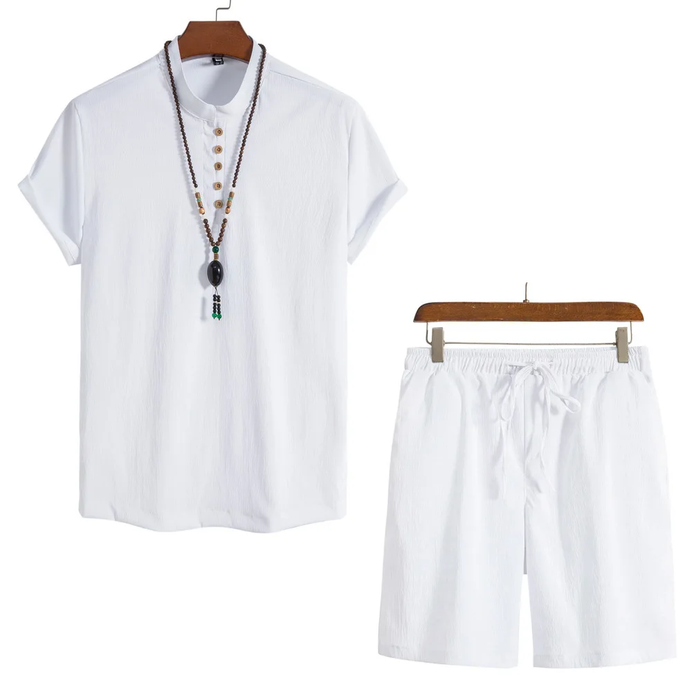 Mens Short Sleeve Button Blouse Shirt Tops and Wide Leg Short Suits