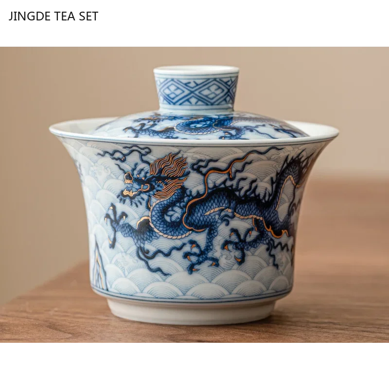 1SET 150ml Chinese Blue and White Porcelain Gaiwan Dragon Pattern Ceramic Teacup Exquisite Portable Beauty Tea Infuser