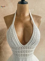 2026Women's Crochet Halter Romper White Hollow Out Backless Slim Fit Knitted Bodysuit for Beach Vacation Summer Festival - Image 5