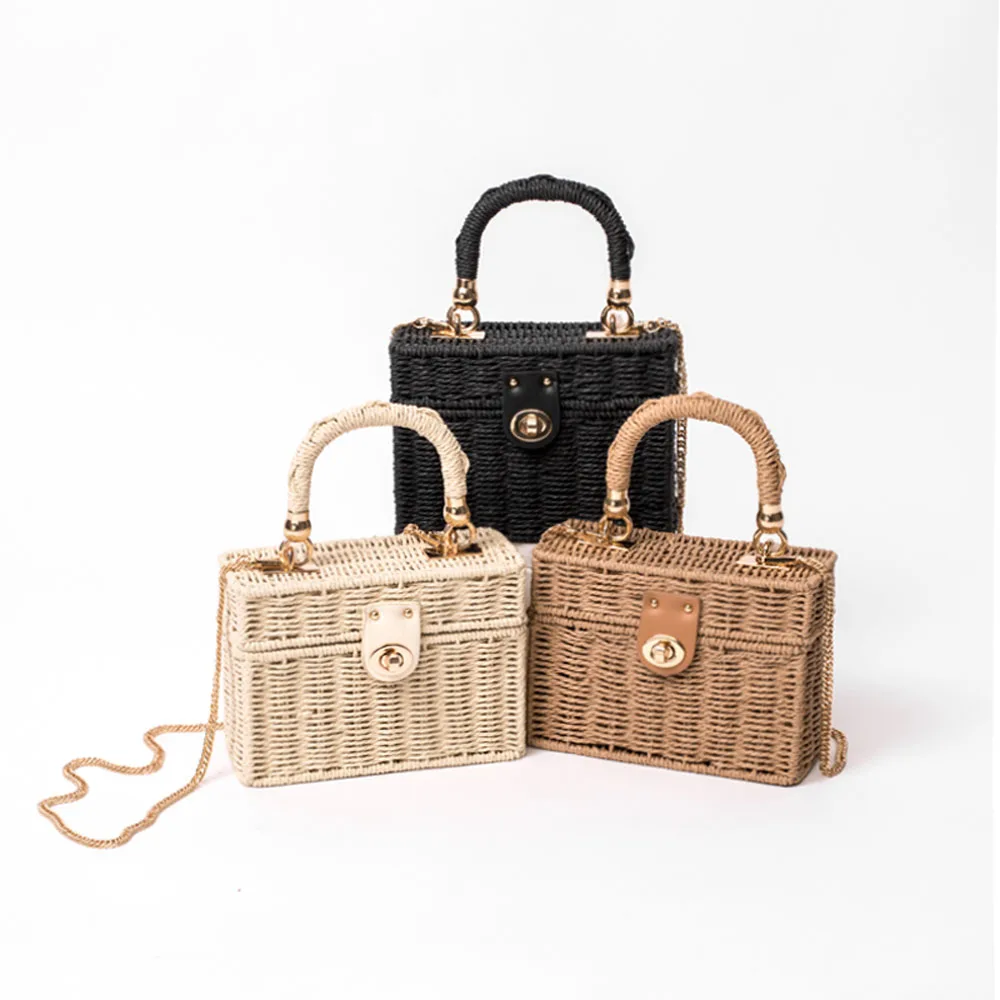 

Box Straw Beach Bag Vintage Handmade Woven Shoulder Bag Raffia Square Rattan Handbags Bohemian Summer Vacation Top Handle Totes
