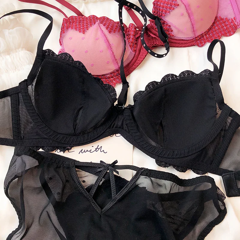French Sexy Halter Underwear for Women Lace Love Embroidery Bra Set Shiny Diamond Lingerie Comfort Bras Hollow Panties Set