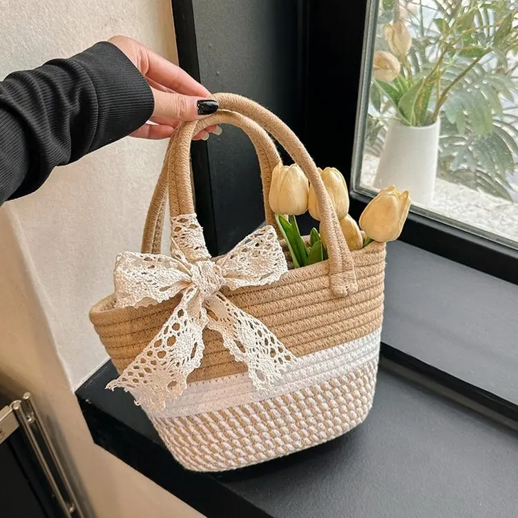 

Summer Handmade Straw Weave HandBags for Women Fashion Lace Bow Wrapped Beach Bag Ladies Bohemia Holiday Shoulder Bag Tote 2024