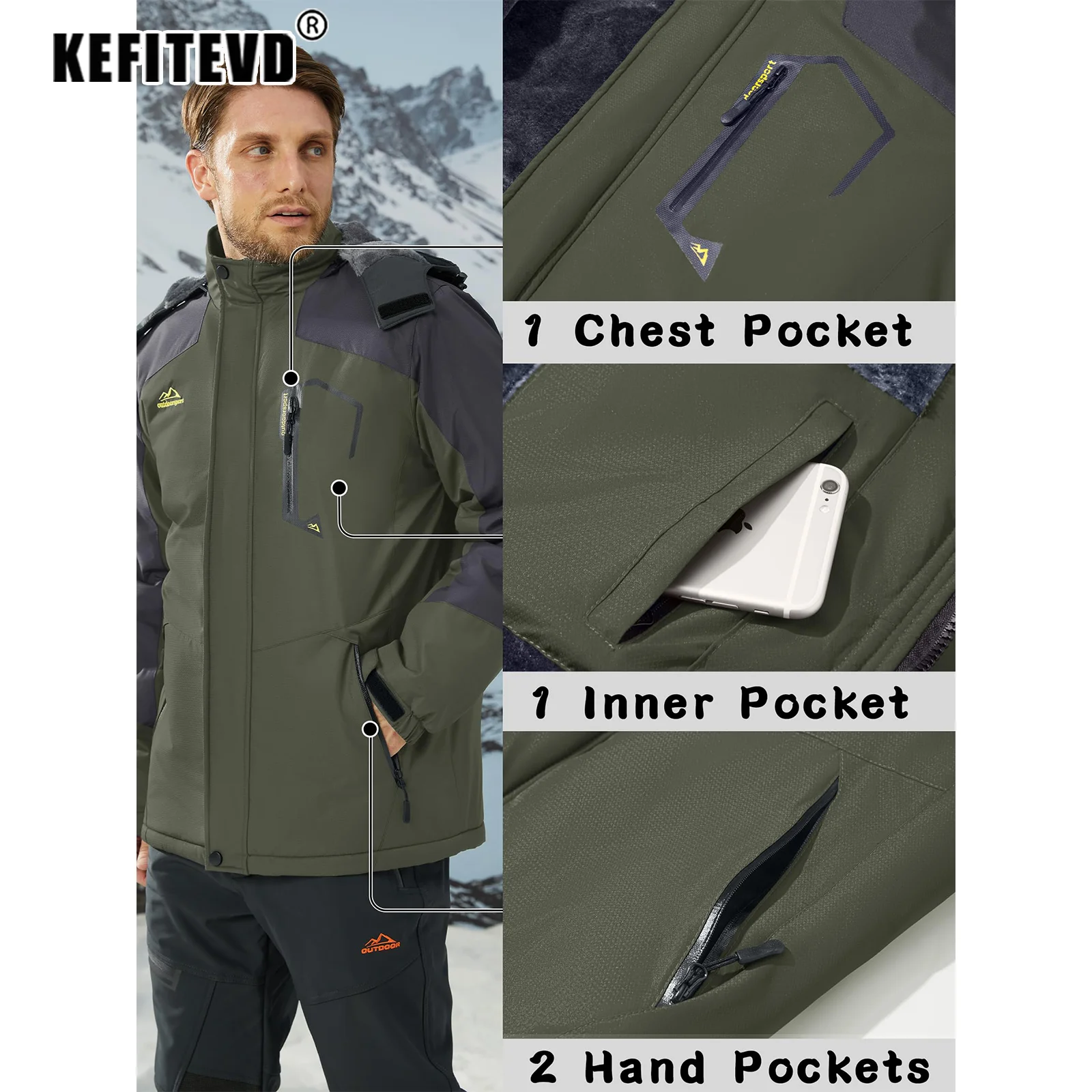 Winter Ski Jacket Men's Warm Fleece Lined Jackets Heavyweight Coat 5