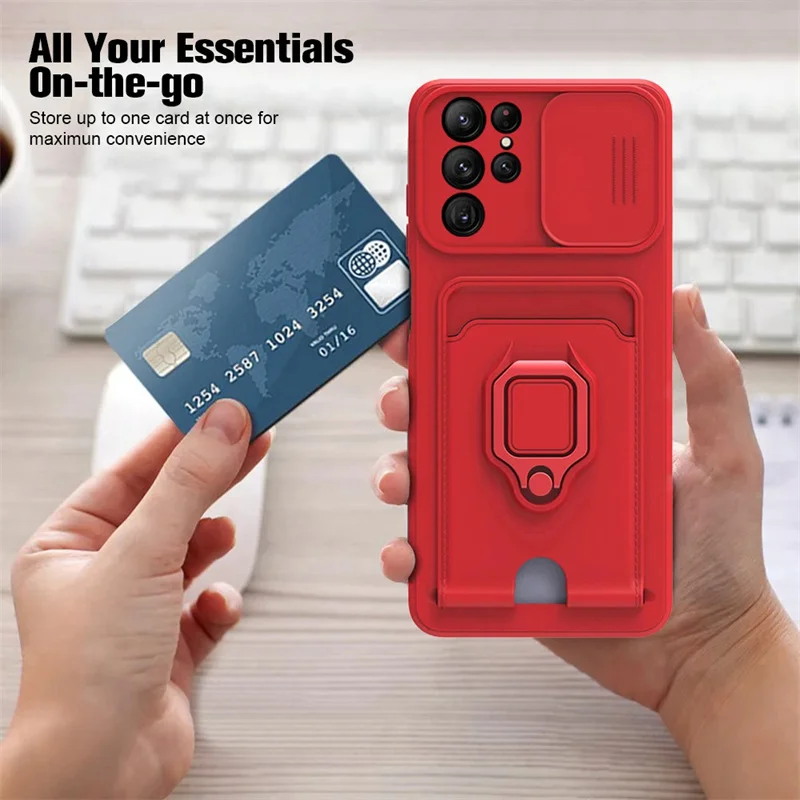 Slide Camera Case with Card Slots and Magnetic Ring Holder - Wallet Silicone Cover