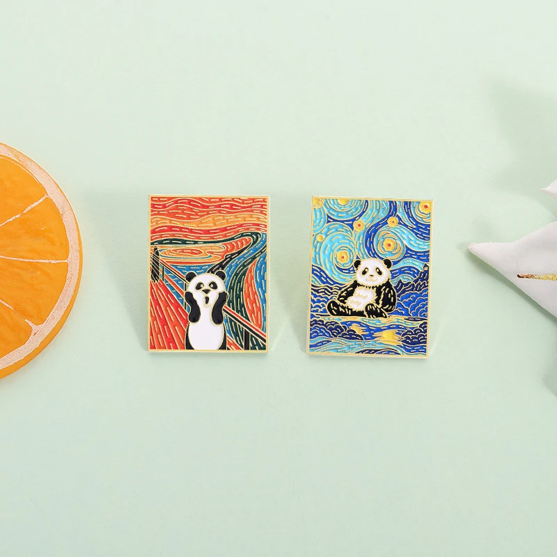 Panda Nachthimmel Ölgemälde UV-Druck Pins Benutzerdefinierte Panda Schreiende Broschen Revers Abzeichen Kleidung Tier Schmuck Geschenk Freunde – Detail 10