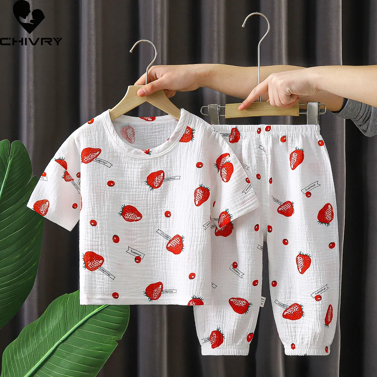 

Kids Boys Girls Thin Pajamas 2023 Summer Cotton Yarn Cartoon Floral Short Sleeve T Shirt Tops with Pants Baby Sleepwear Homewear