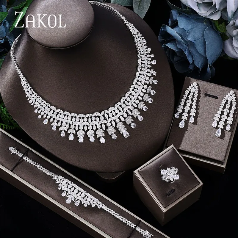 

ZAKOL Luxury Dubai Nigeria Jewelry Set For Women Yellow Cubic Zircon Earrings Necklace Sets Bridal Accessories