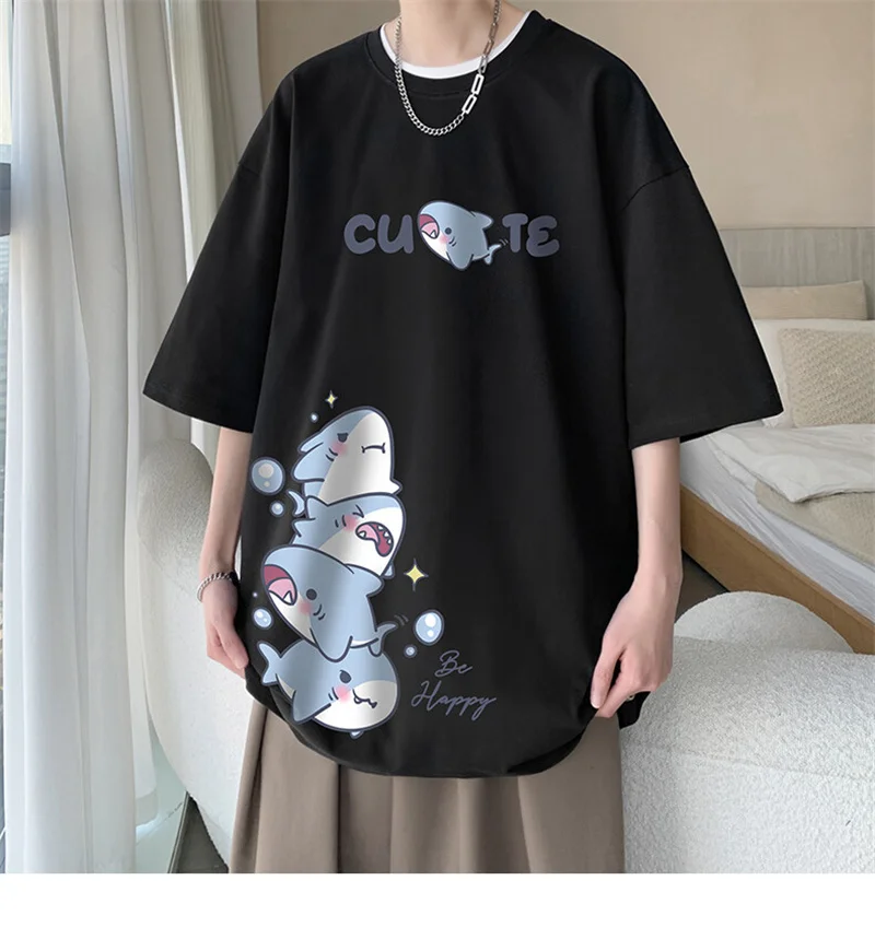 Men's Cotton T-shirts White Men Oversized T Shirt Anime Shark Print Summer Casual Wear 5XL Tee Shirts Big Size Male Clothes