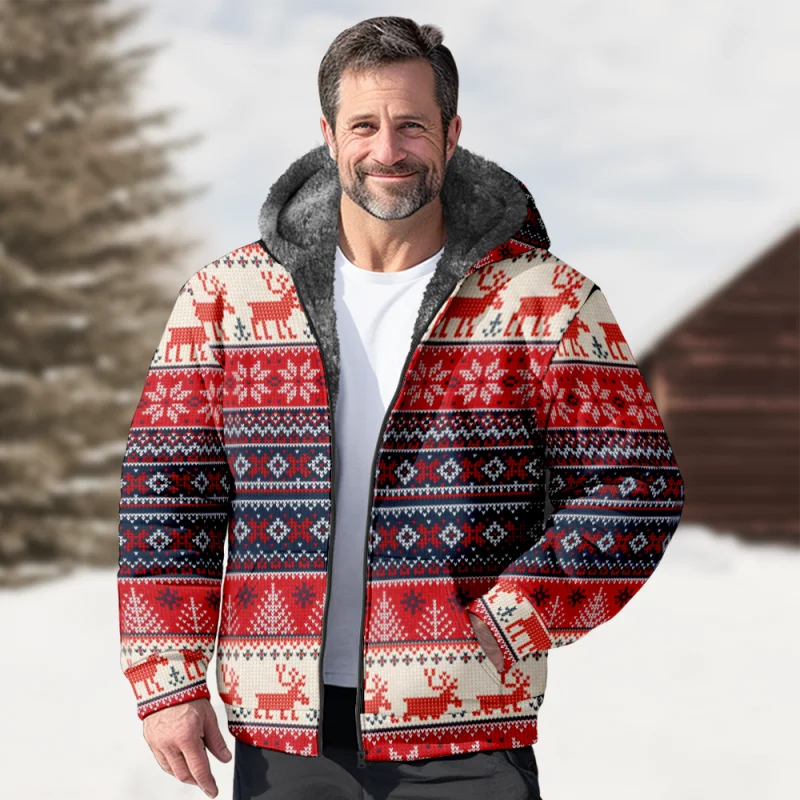 Christmas Creative Cotton Coat Hooded Sweater Casual Print Men's Fur Loop Arctic Velvet Zipper Patch Pocket Hooded Sweater a09