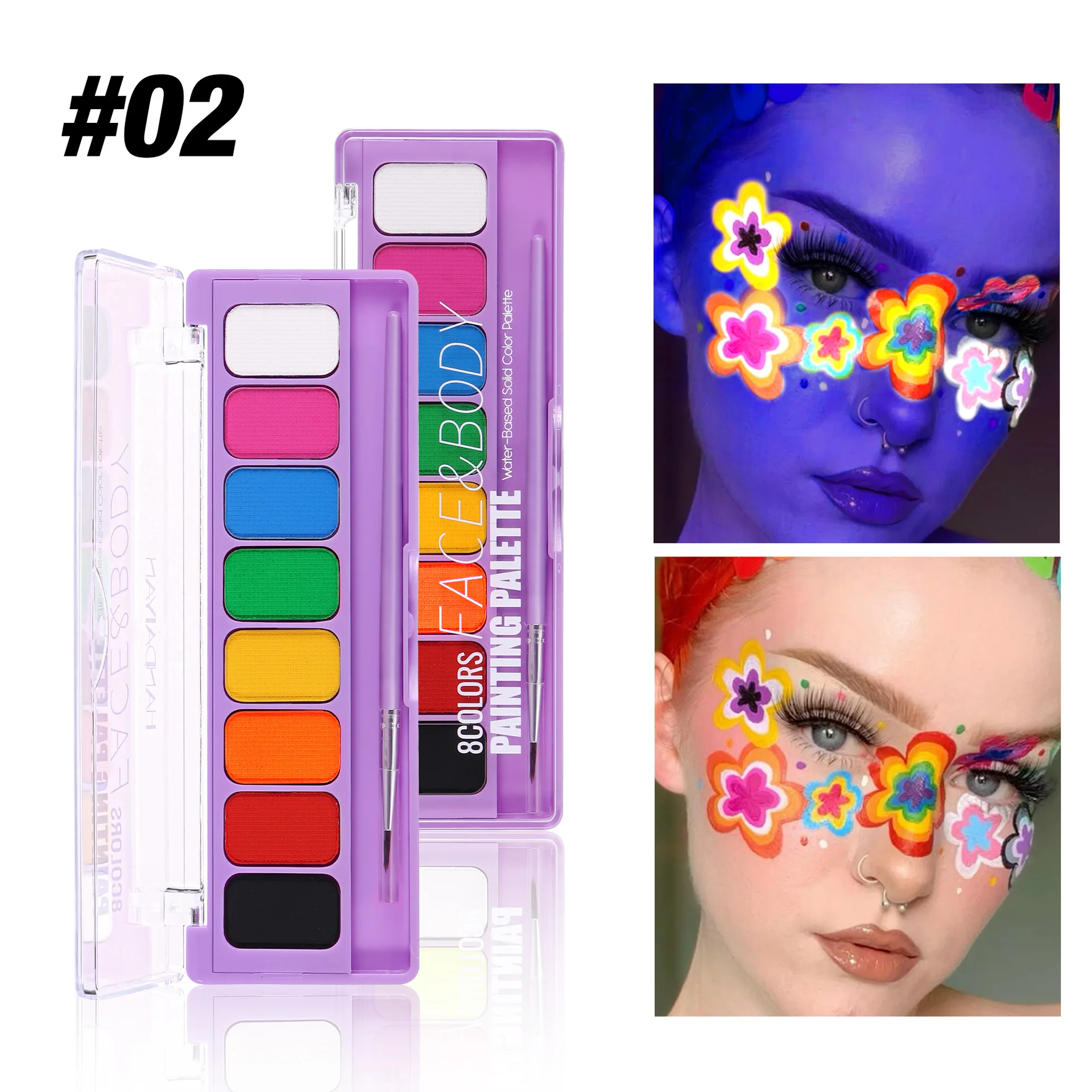 Palette di 8 Colori per Trucco Viso e Corpo, Vernice Fluorescente Solubile in Acqua, Cosmetici UV per Feste di Halloween, Trucco per Travestimenti - immagine 6