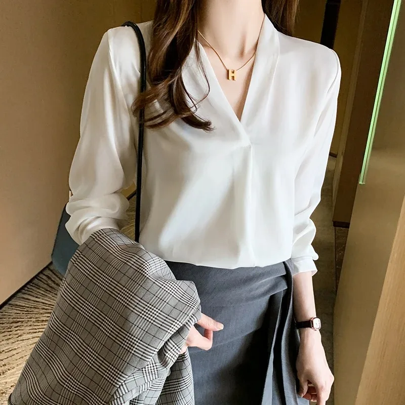 Spring Korean Style  Long Sleeve Shirt New Fashion Elegant White Chiffon Blouse Office-lady Loose Socialite Womens Tops 9382 50