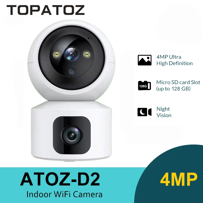 TOPATOZ 4MP Dual Lens WiFi IP Camera Baby Monitor Home Night Vision Motion Detection Video Surveillance Security Camera