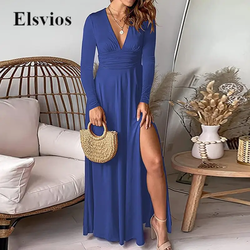 

2023 Fashion Casual Lady Slit Maxi Dress Elegant Solid Long Sleeve Commuting Party Dress Women Sexy V Neck Pleat Slim Long Dress