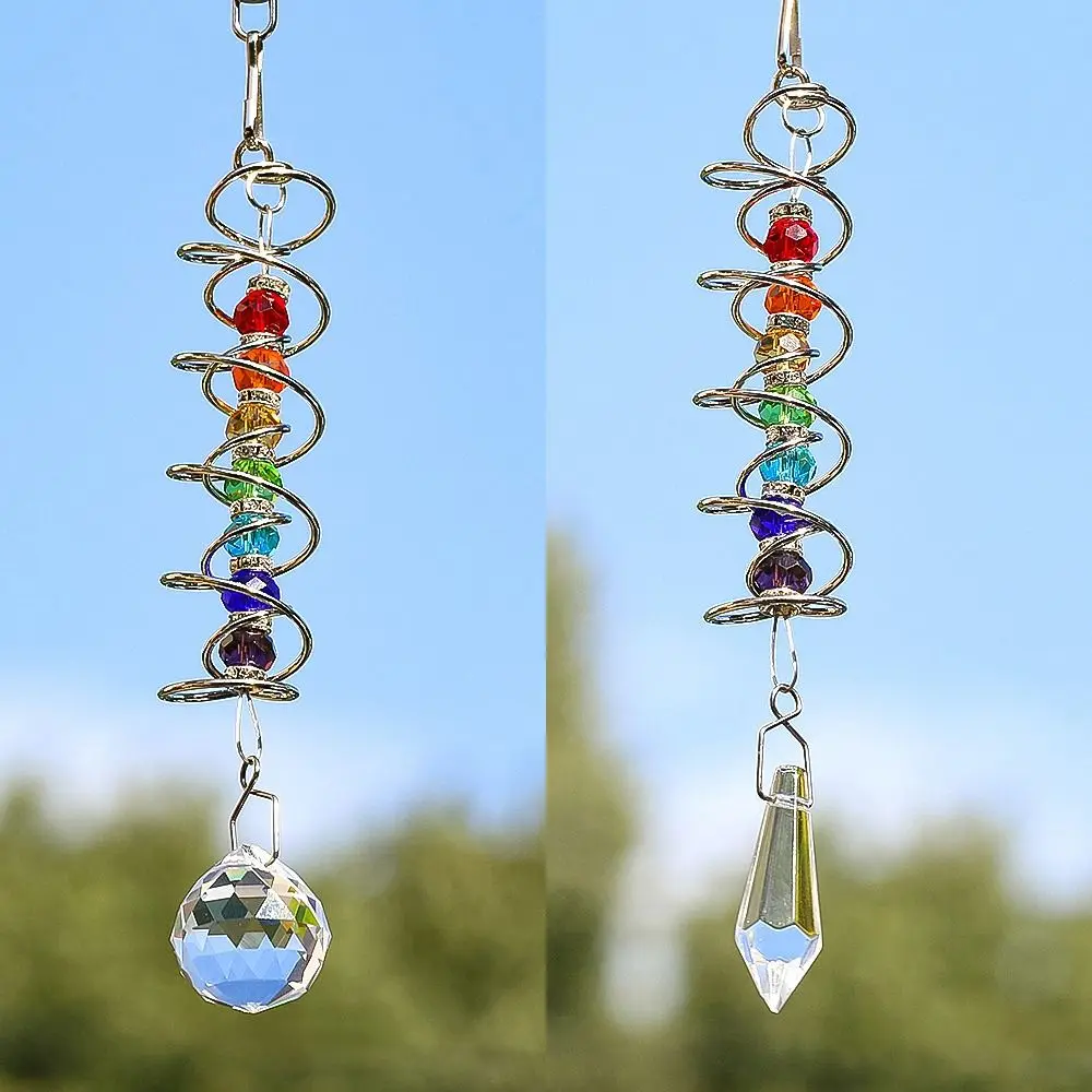Creative 3D Spiral Tailwind Crystal Suncatcher Rotating Rainbow Maker Spinning Crystal Ball Eternal Power Pendant for Outdoor
