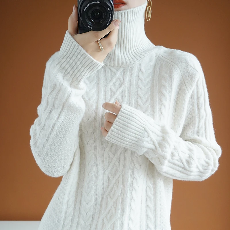 

New wool cashmere sweater women's autumn and winter warm turtleneck pullover sweater ladies loose knitted turtleneck sweater