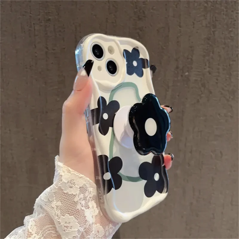 Retro Floral Flower Bracket Holder Phone Case - Silicone Wavy Edge Shockproof Design