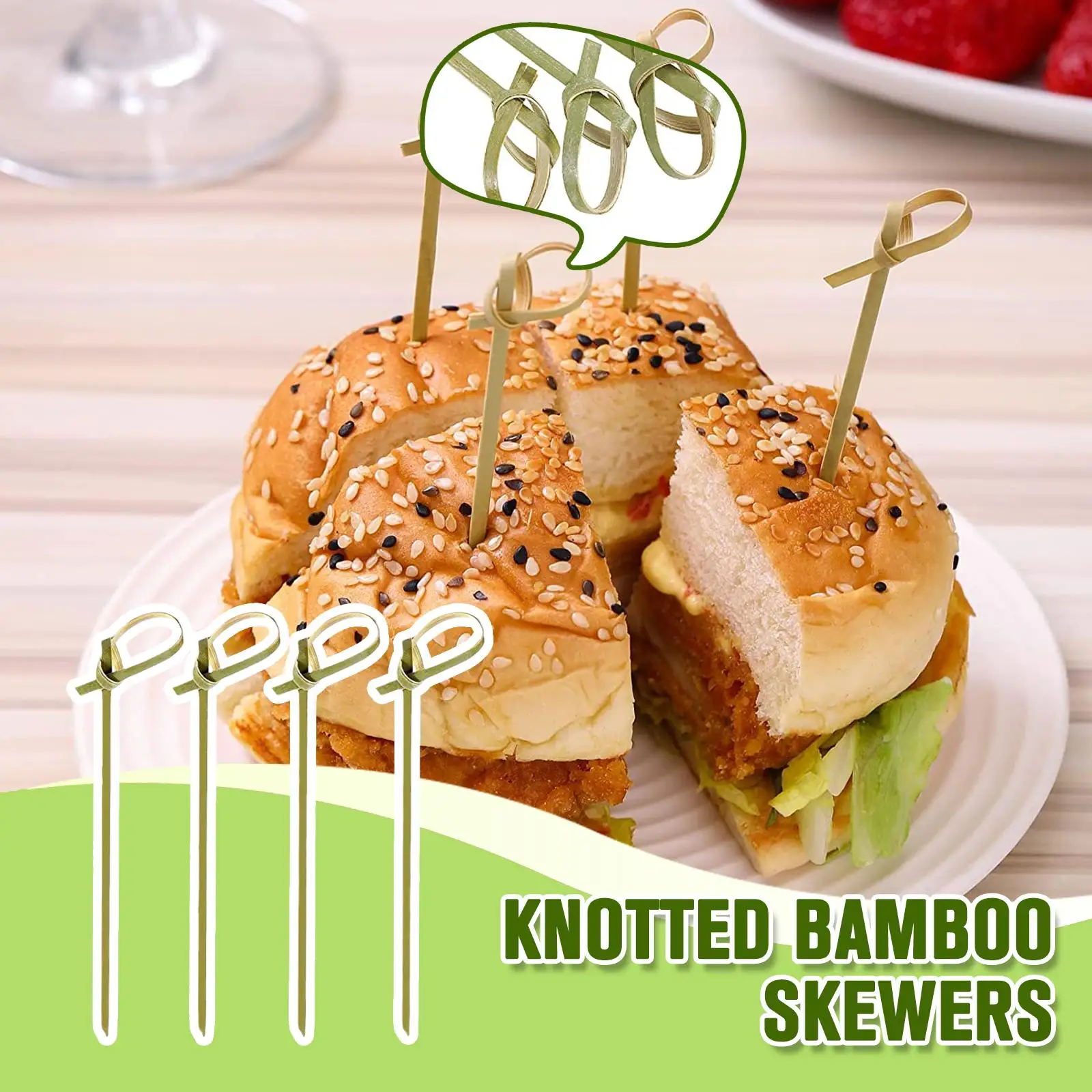 Description Picture 6 of item100Pcs 12/15cm Disposable Bamboo Tie Bamboo Knot Food Picks With Twisted Appetizer Sandwich Cocktail Drinks Skewer Toothpicks