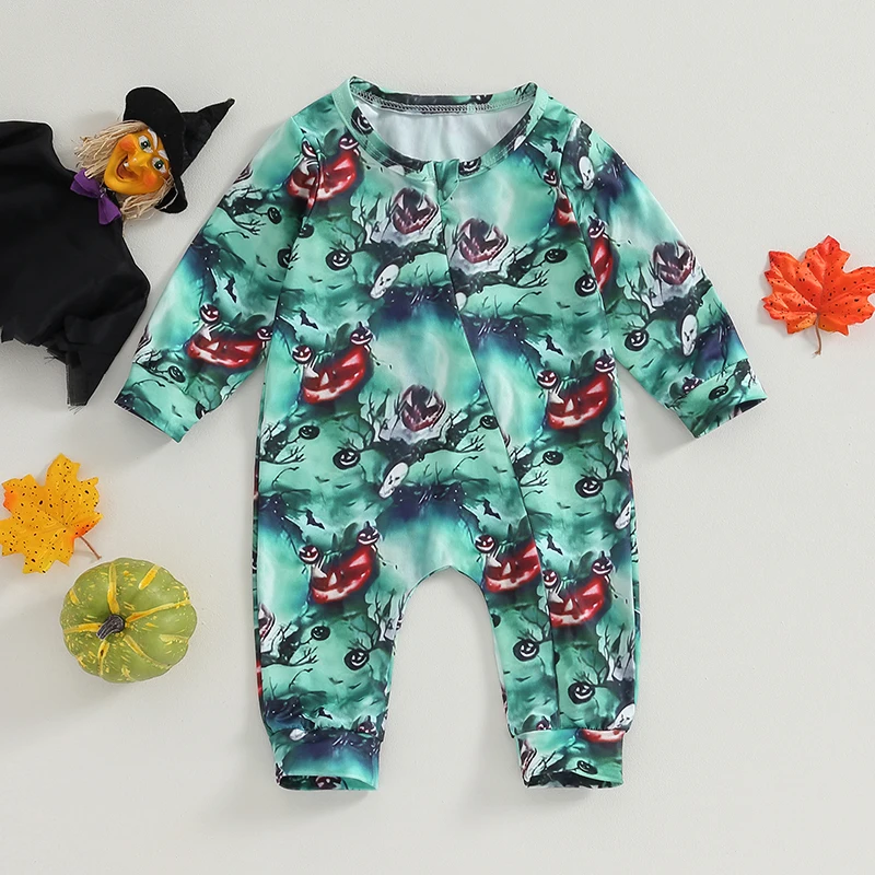 

Baby Girls Boys Footies Rompers Halloween Clothes Pumpkin Skull Print Crew Neck Zip Long Sleeve Toddler Fall Bodysuits