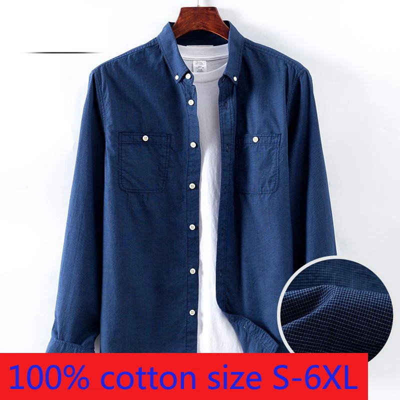 

New Arrival Fashion Large 100% Cotton Men Long Sleeve Spring Plaid Double Bags Casual Shirts Plus Size S M LXL2XL3XL 4XL 5XL 6XL