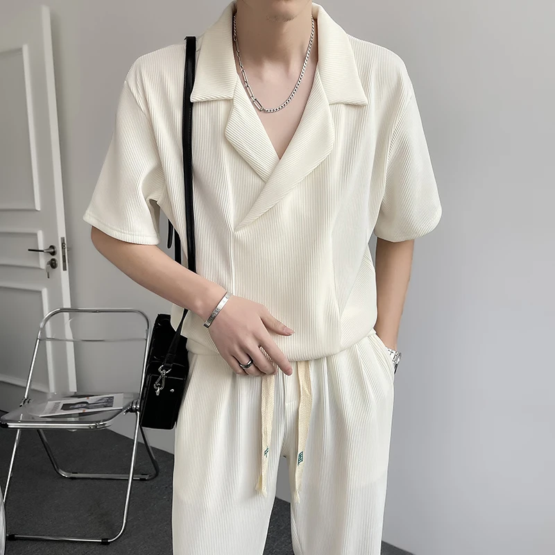 Men 2pcs Set Summer Ice Silk Cool Tops Pants Notched Collar Drawstring Waist Casual Daily High Streetwear Ins Half Sleeve Blouse