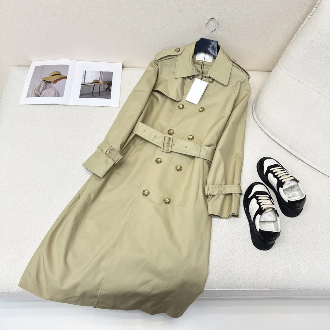 

2024 Women's Clothing Double-breasted long trench coat with drawstring cuffs and raglan sleeves Spring Summer New No.22