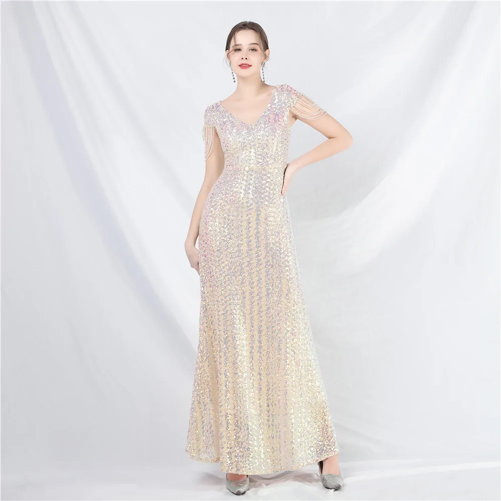 New A-line Large Hem Dress with Craft Beaded Sequin Long A-line Evening Dress