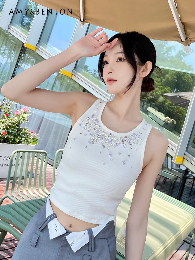 

Модный повседневный белый яркий женский кроп-топ, подходящий ко всему, Летний новый высококачественный тонкий пикантный укороченный топ без рукавов