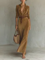 UOOZEE Women's Minimalist Solid Color Belted Lapel Shirts Dress Long Sleeves Split-Joint High Waisted Casual Office Maxi Dresses