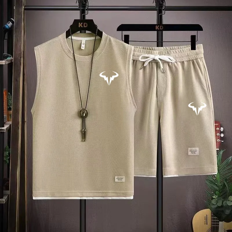 2024 Men's Waffle Summer Sets Casual T-Shirt+Shorts Set Male Sports Suit Solid Color Tracksuit Loose Suits 5
