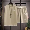 2024 Men's Waffle Summer Sets Casual T-Shirt+Shorts Set Male Sports Suit Solid Color Tracksuit Loose Suits 5