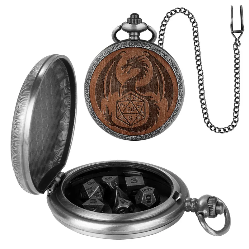 Retro Steampunk Engraved Dragon Case with 7pcs/set Metal Polyhedral Dices Pocket Watch Chain Entertainment Role Paly Game Dice