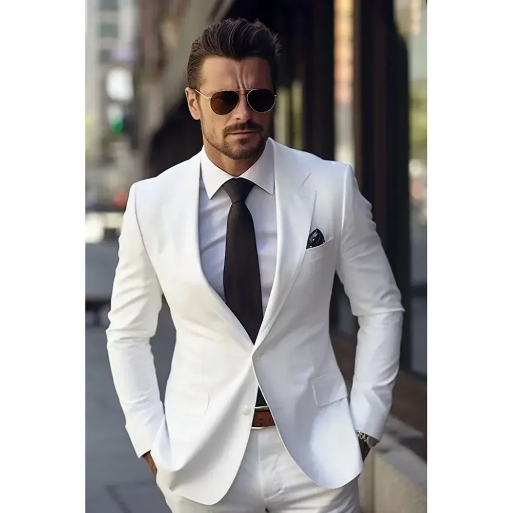 Hight Quality White Suits for Men Luxury Wedding Groom Outfits 2 Piece Jacket Pants Set Single Breasted Notch Lapel Blazer 2024