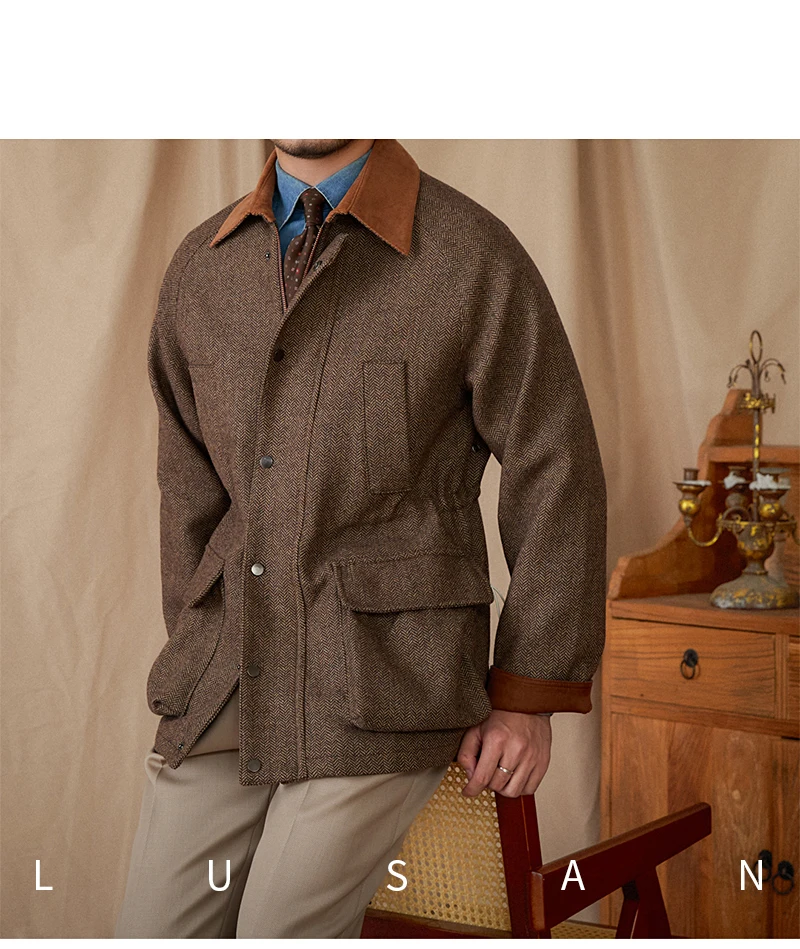 Italienische Herbst- und Winterjacke aus 50% Wolle, Jagdjacke, Alltagstaugliche Vielseitige Jacke mit Kontrastkragen, Warme Retro-Jacke für Herren – Detail 32