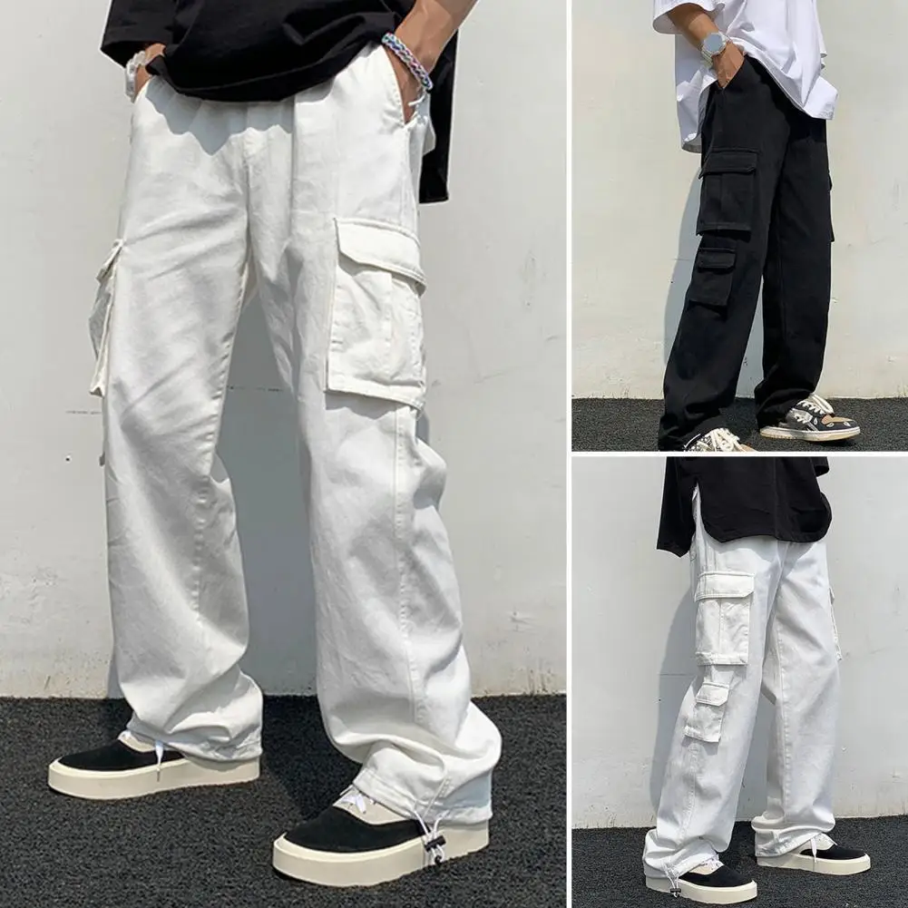 

Men Cargo Pants Solid Color Hip-hop Style Loose Pattern Multi Pockets Elastic Waist Men Trousers Daily Clothes