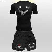 Anime drôle visage 2 en 1 Shorts t-shirt costumes hommes Fitness respirant seconde peau Compression chemises ensembles gymnase Double pont Shorts 1