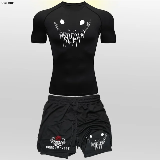 Anime drôle visage 2 en 1 Shorts t-shirt costumes hommes Fitness respirant seconde peau Compression chemises ensembles gymnase Double pont Shorts 1