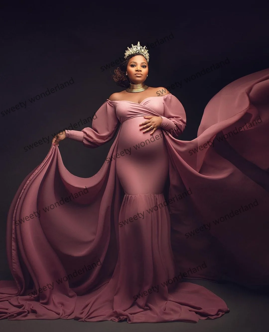 Vintage Maternity Dress for Women Long Sleeve Elastic Kimono Photography Prom Gown with Train Baby Shower Dress Vestidos