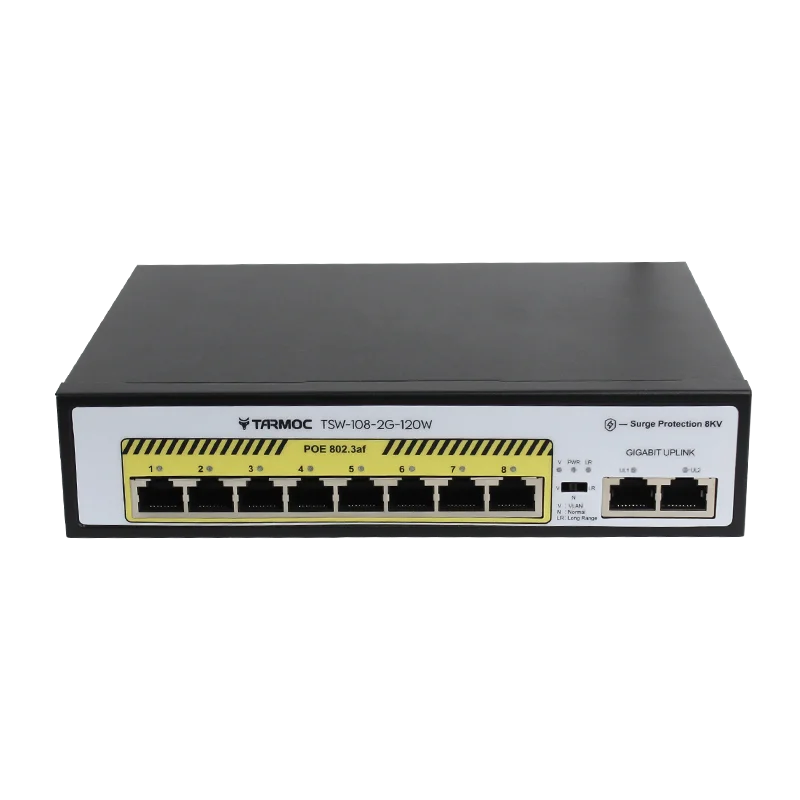 

Tarmoc POE Switch 8 Port 10/100Mbps, 2 Port Uplink 1Gbps,1 Port SFP， 802.3af/at, Max total output 120 Watt, 8KV Surge Protection