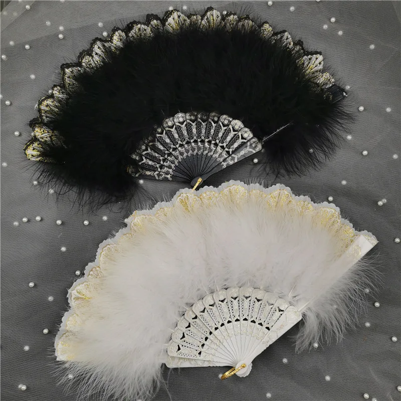 Chinese Style Feather Folding Fan with Pendant Wedding Party Gift Girls Dance Fan Cosplay Prop Home Decoration