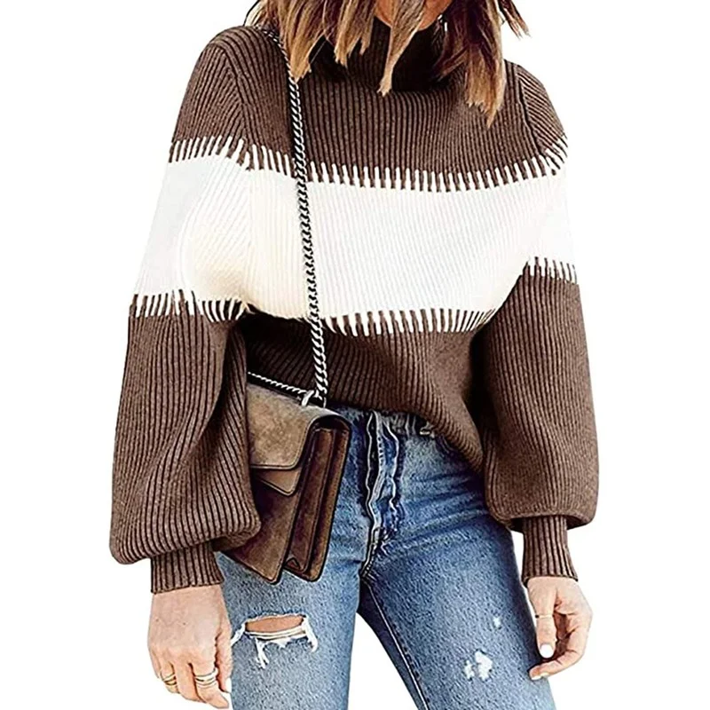 

Sweater Women's Pullover High-neck Lantern Sleeve Sweater New Casual High-neck Pit Strip Loose Sweater Women's Winter Clothing