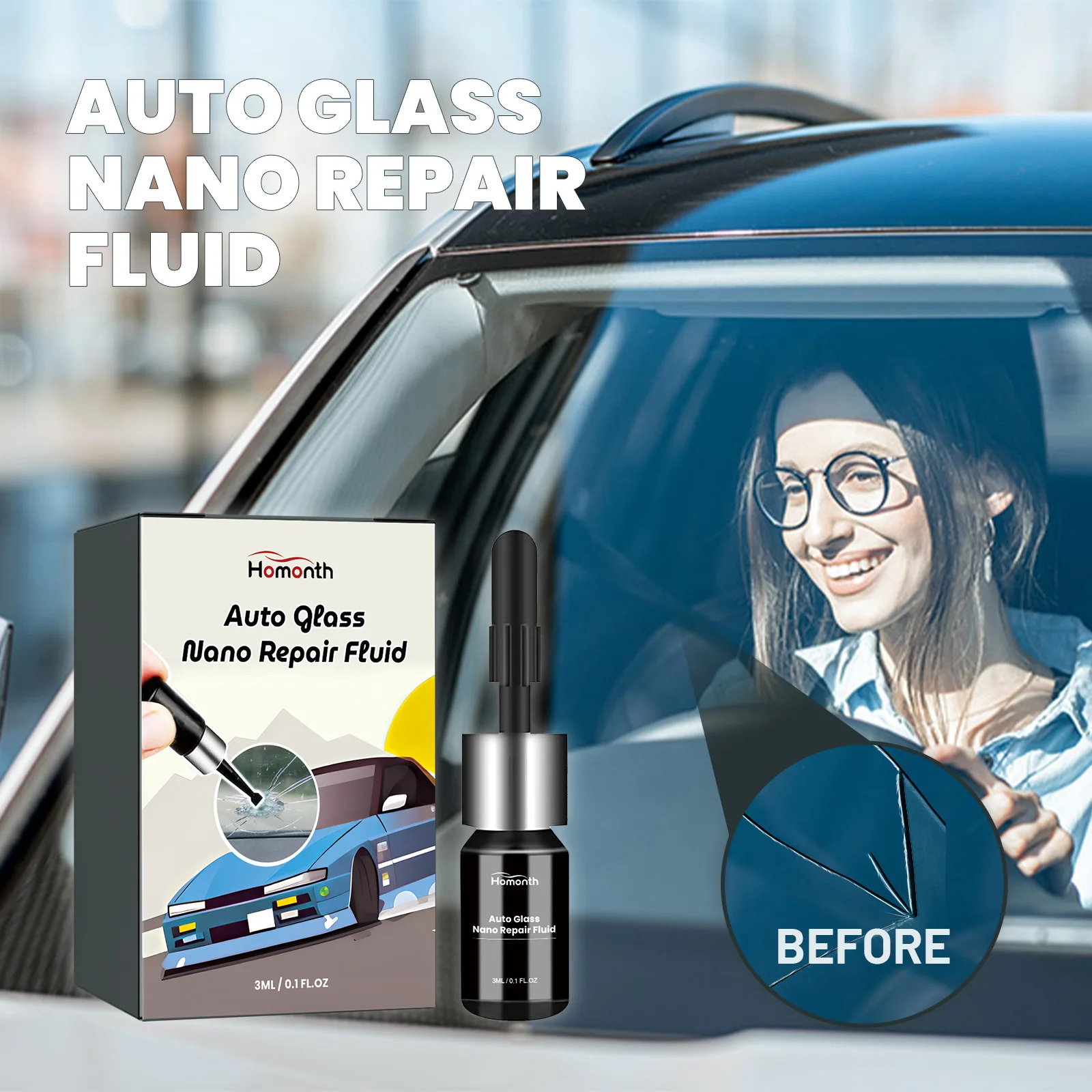 Nano Repair Fluid for Automotive Glass 3ml Quick Adhesive Repair Cracks in Automotive Windshields Auto Glass Nano Repair Fluid 2