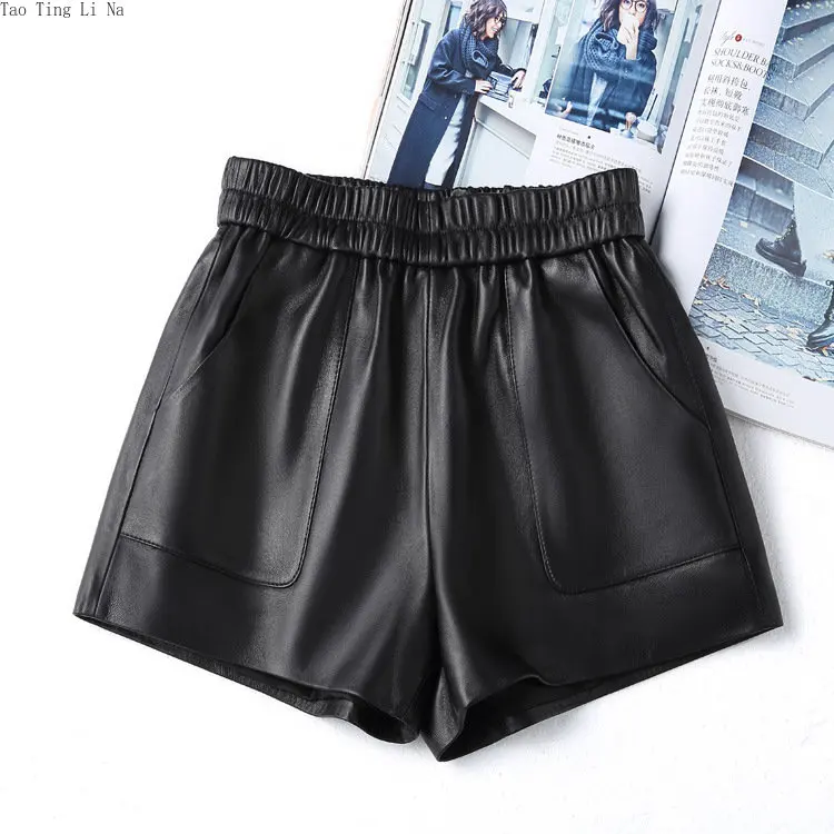 2023 Women Genuine Sheepskin Leather  Shorts Elastic Waist Slim Wide Leg Shorts S9