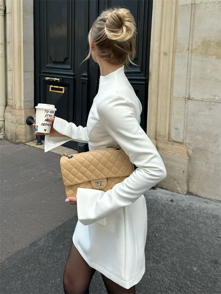 Female Autumn Elegant Mini Dress Women's Pocket Patchwork Slim Long Sleeve Commute Clothes Female Solid Casual Mini Dress